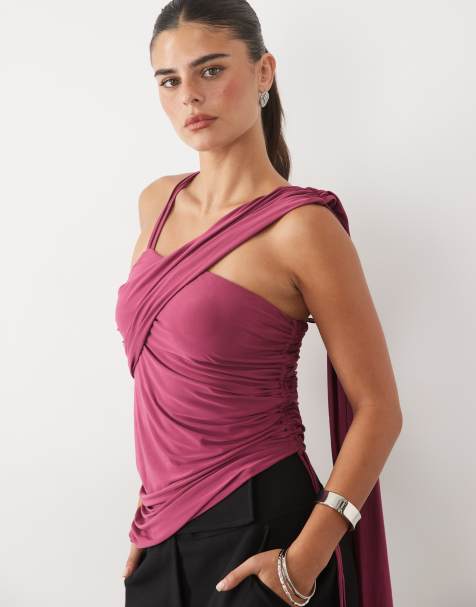 ASOS DESIGN slinky one shoulder asymmetrical top in raspberry - view 1