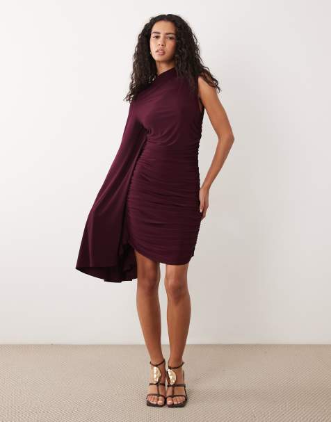 ASOS DESIGN slinky one shoulder batwing high neck mini dress in plum - view 1