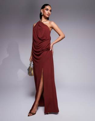 ASOS DESIGN slinky one shoulder drape maxi dress in rust-Black