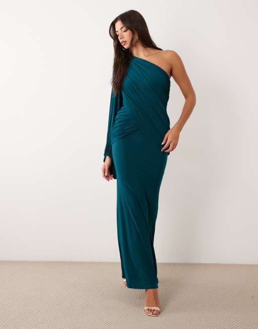 ASOS DESIGN slinky one shoulder draped maxi dress with blouson sleeve in petrol, 2 of 4