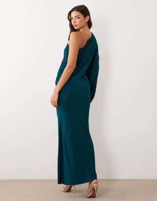 ASOS DESIGN slinky one shoulder draped maxi dress with blouson sleeve in petrol, 4 of 4
