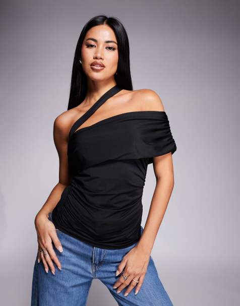 ASOS DESIGN slinky one shoulder fold over bardot top in black - view 1