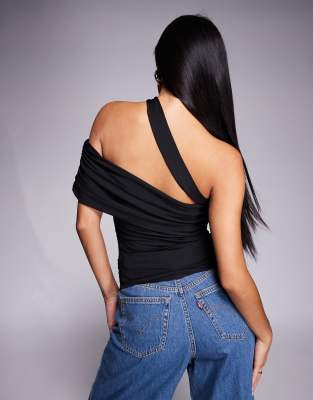 Asos Design Slinky One Shoulder Fold Over Bardot Top In Black