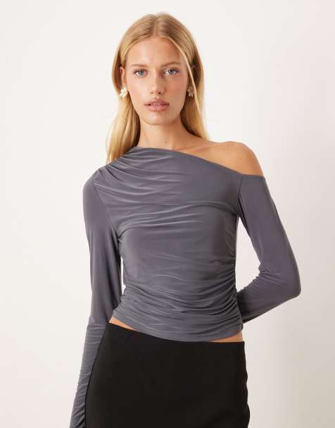 ASOS DESIGN slinky one shoulder long sleeve top in charcoal - view 1