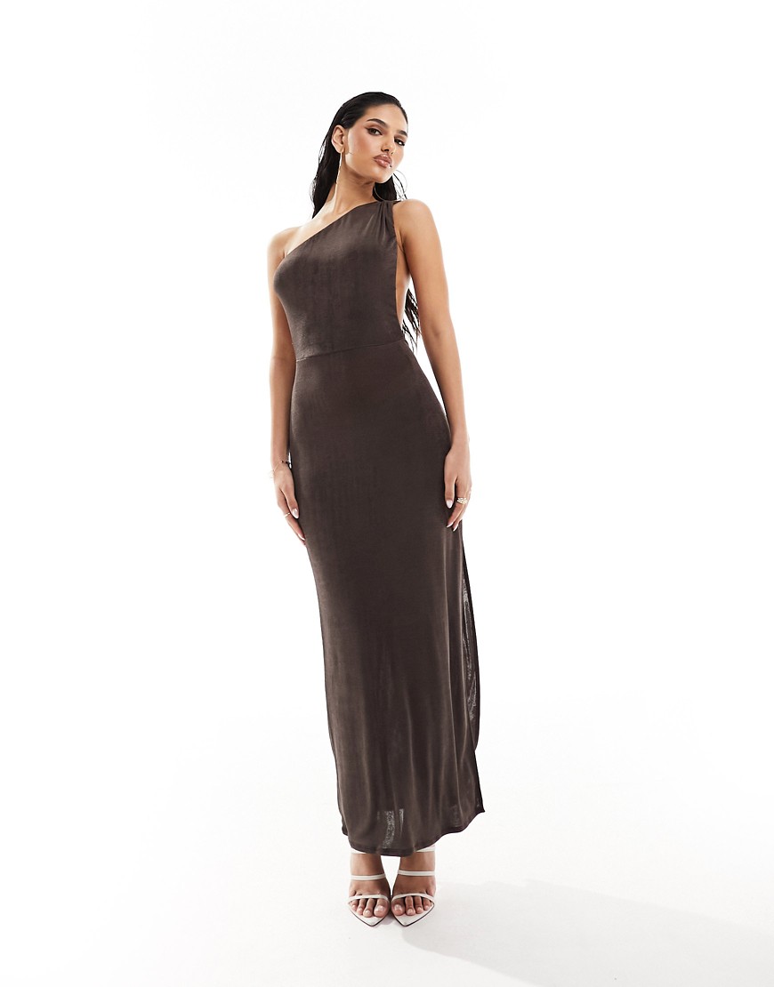 ASOS DESIGN slinky one shoulder maxi dress with high split in chocolate-Brown