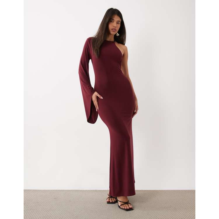 ASOS DESIGN slinky one shoulder maxi dress with trim and backless detail in burgundy