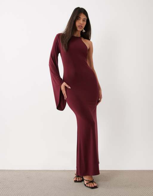 asos bodycon maxi dress DESIGN slinky one shoulder with trim and backless detail in burgundy Ready sculpted off shoulder