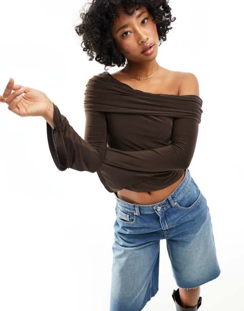 ASOS DESIGN slinky one shoulder top in chocolate