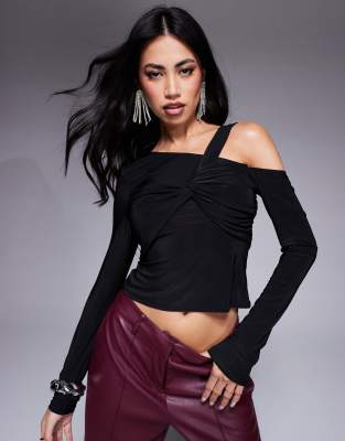 Asos Design Slinky One Shoulder Twisted Bust Detail Top In Black