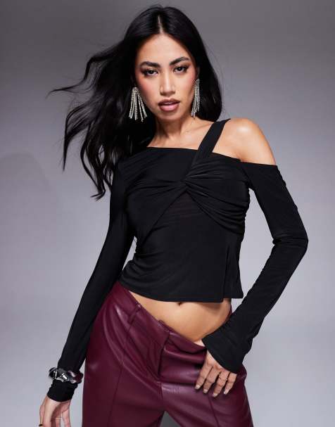ASOS DESIGN slinky one shoulder twisted bust detail top in black - view 1