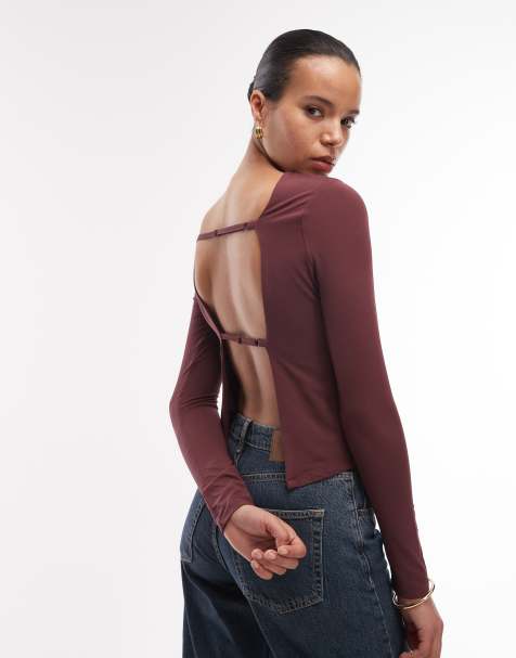 ASOS DESIGN slinky open back long sleeve top in berry