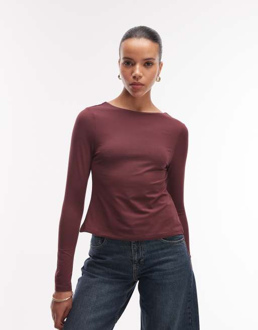 ASOS DESIGN slinky open back long sleeve top in berry, 3 of 4