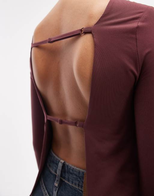 ASOS DESIGN slinky open back long sleeve top in berry, 4 of 4