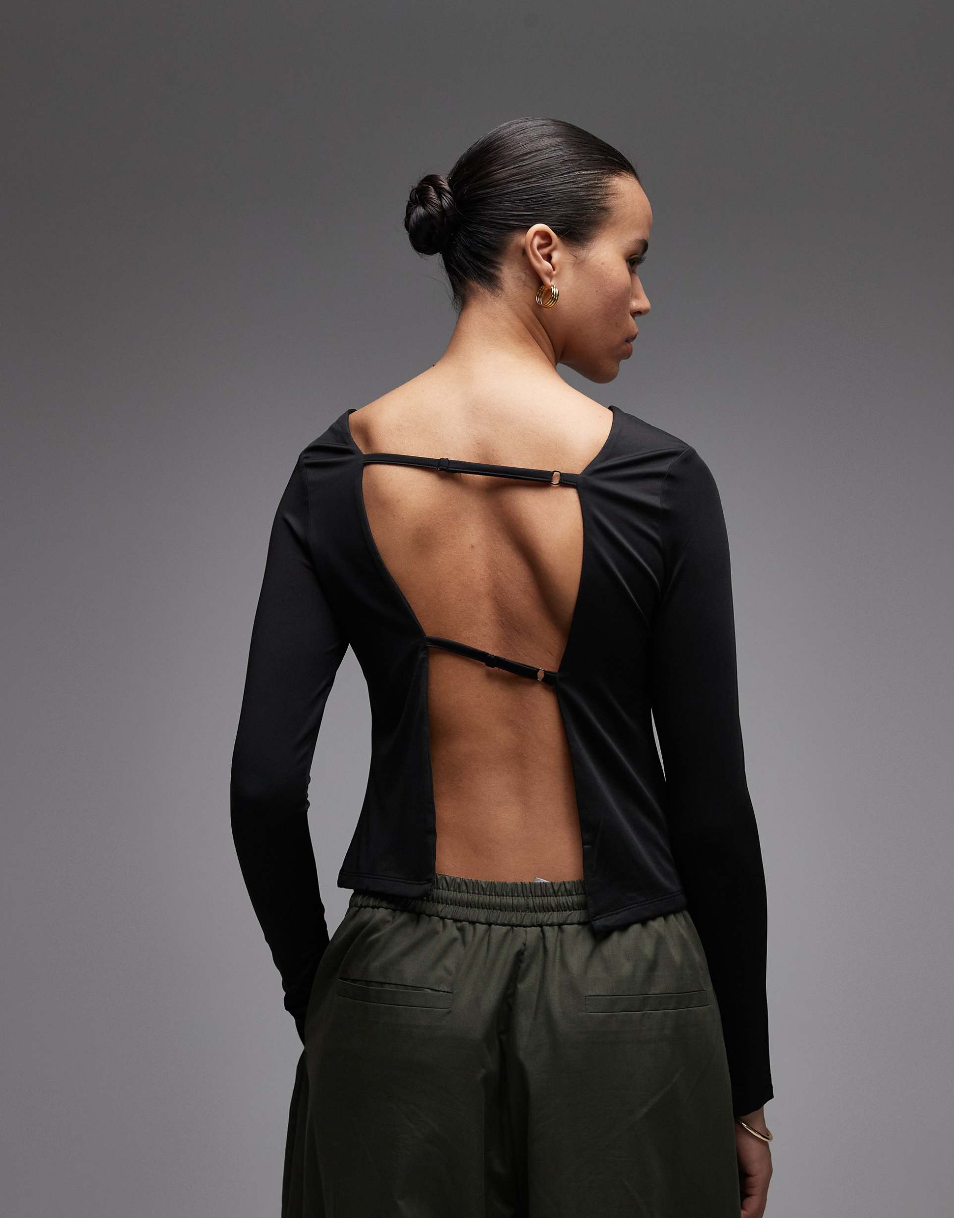 asos design slinky open back long sleeve top in black