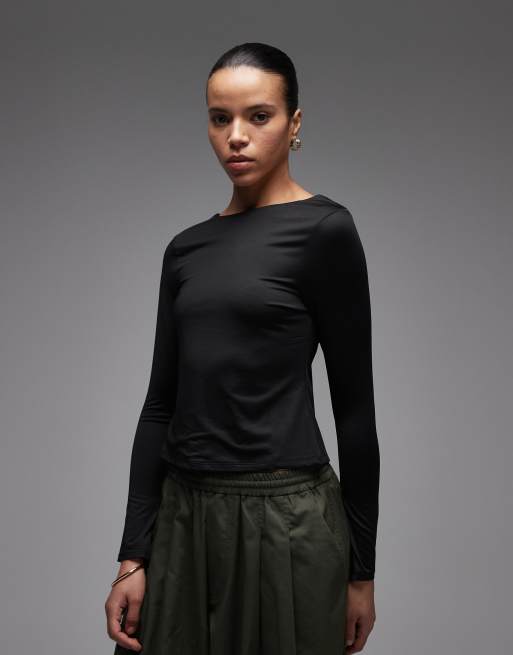 ASOS DESIGN slinky open back long sleeve top in black, 3 of 4