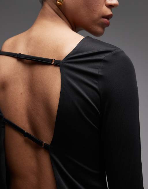 ASOS DESIGN slinky open back long sleeve top in black, 4 of 4