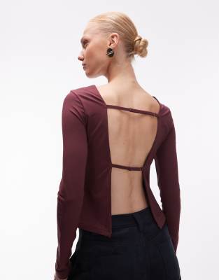 Asos Design Slinky Open Back Long Sleeve Top In Burgundy