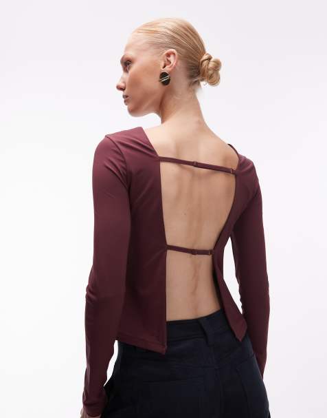 ASOS DESIGN slinky open back long sleeve top in grape - view 1