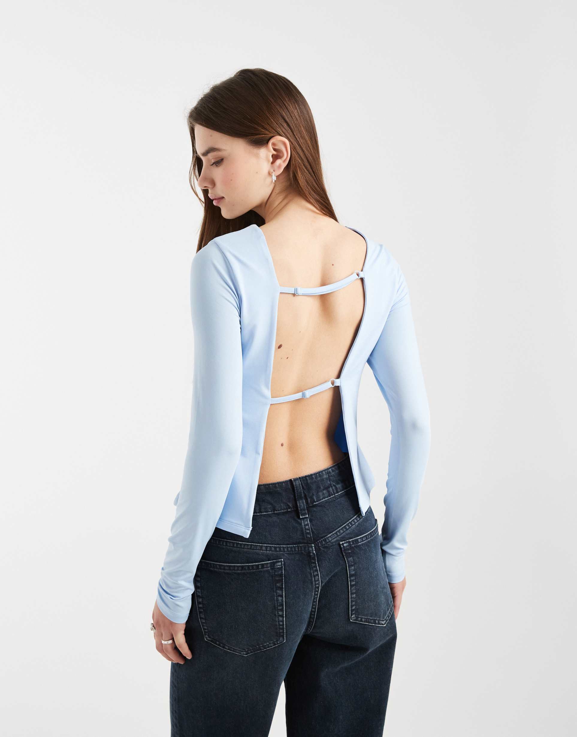 asos design slinky open back long sleeve top in light blue