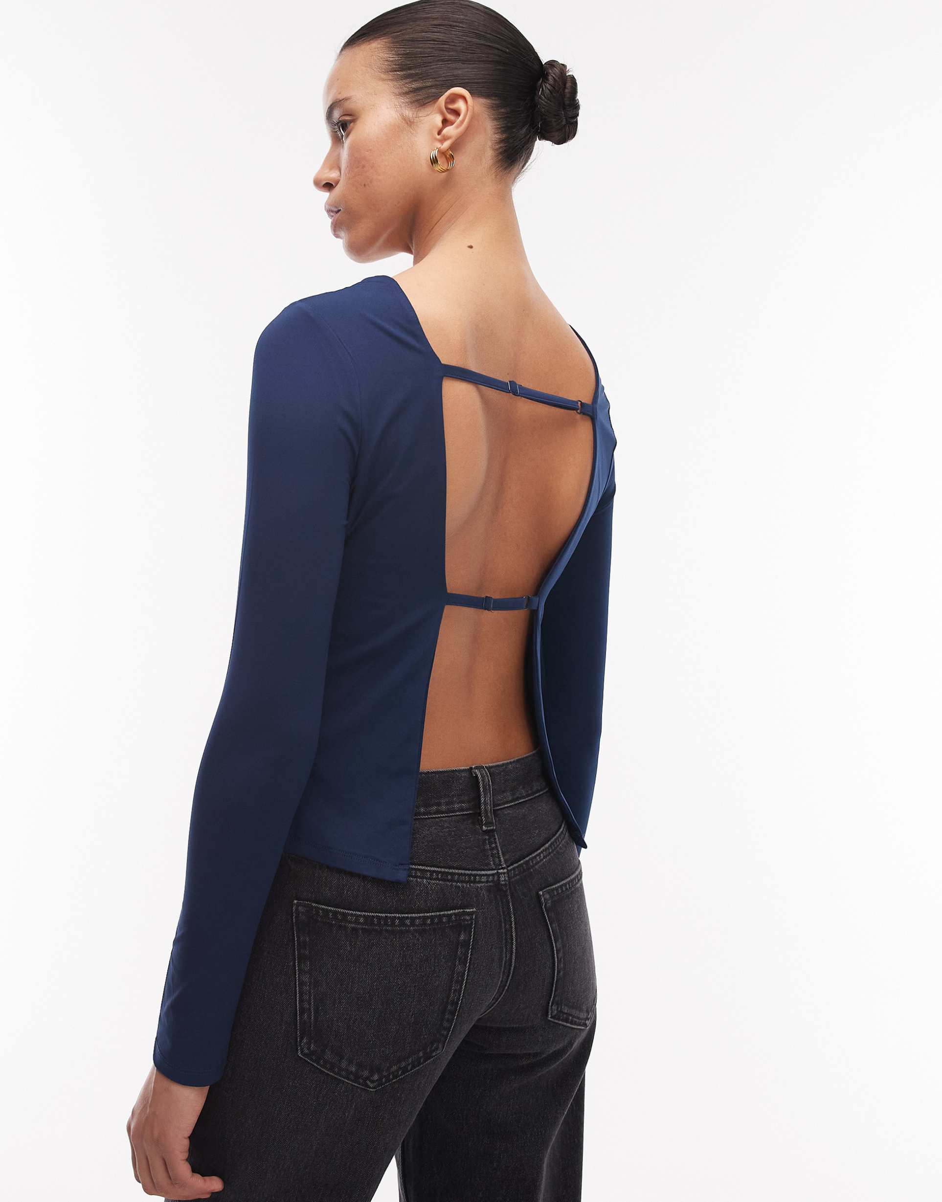 asos design slinky open back long sleeve top in navy