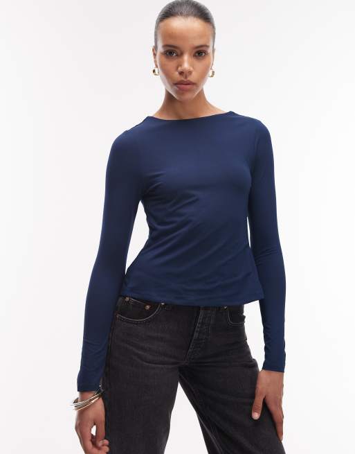 ASOS DESIGN slinky open back long sleeve top in navy, 3 of 4