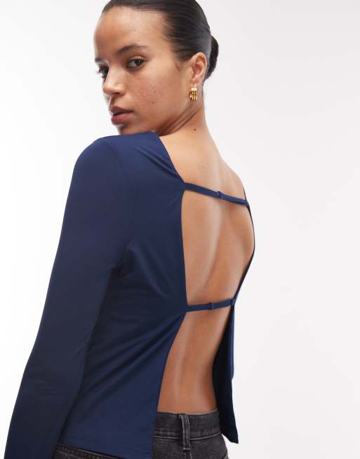 ASOS DESIGN slinky open back long sleeve top in navy, 4 of 4