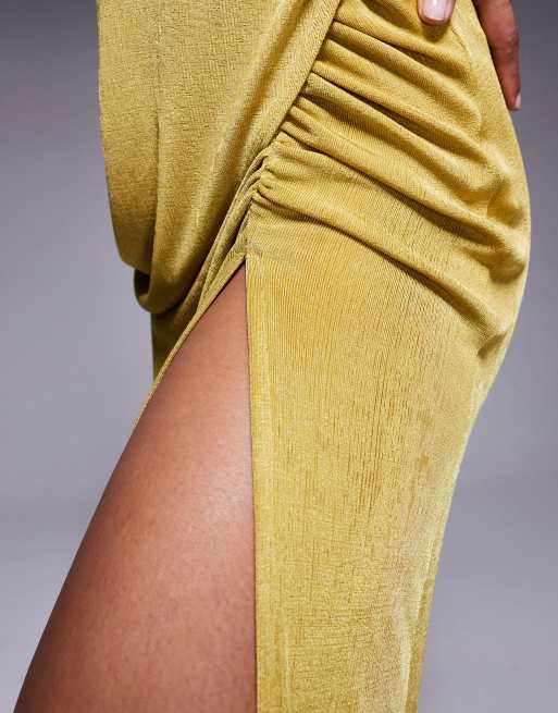 ASOS DESIGN slinky pleat detail bandeau maxi dress with drape skirt in yellow