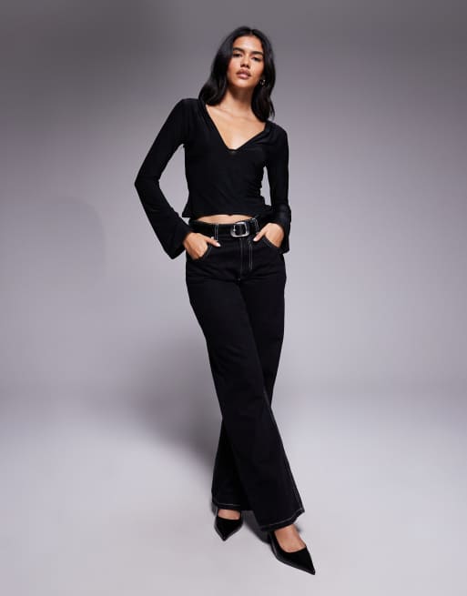 ASOS DESIGN slinky plunge flared sleeve top in black, 2 of 4