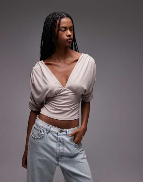 ASOS DESIGN slinky plunge front batwing top with ruched waist in mocha - view 1