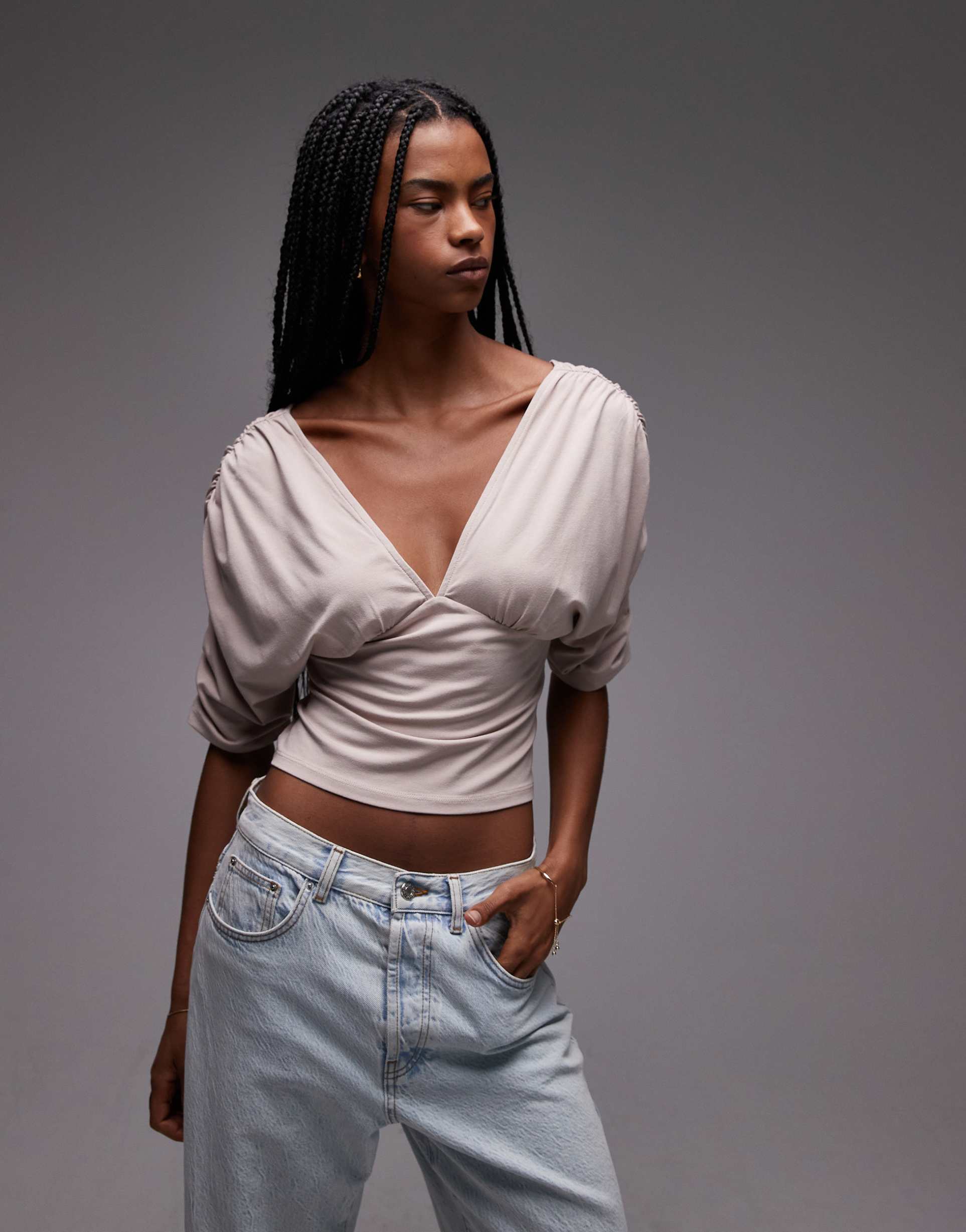 asos design slinky plunge front batwing top with ruched waist in mocha