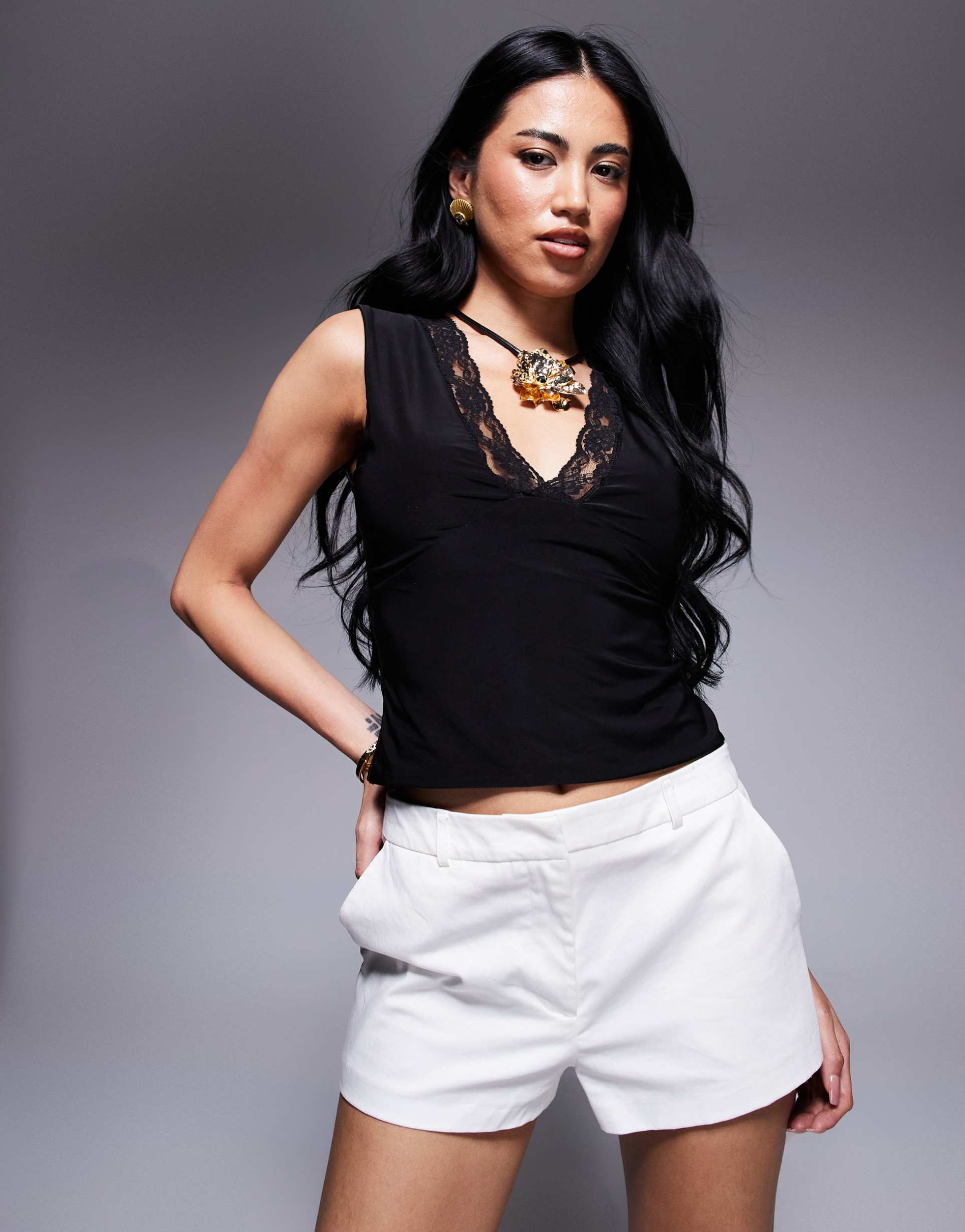 asos design slinky plunge lace trim v neck top in black