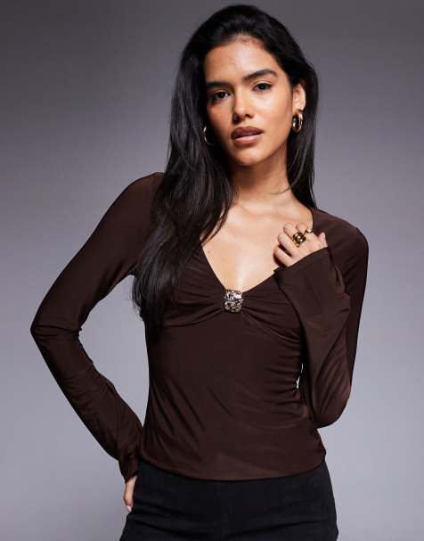 ASOS DESIGN slinky plunge long sleeve top with trim detail in brown - view 1