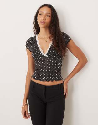 ASOS DESIGN slinky polka dot lace trim V-neck top in black and white-Multi