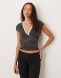 [ASOS DESIGN] ASOS DESIGN slinky polka dot lace trim v-neck top in black and white-Multi 10 Black polka dot