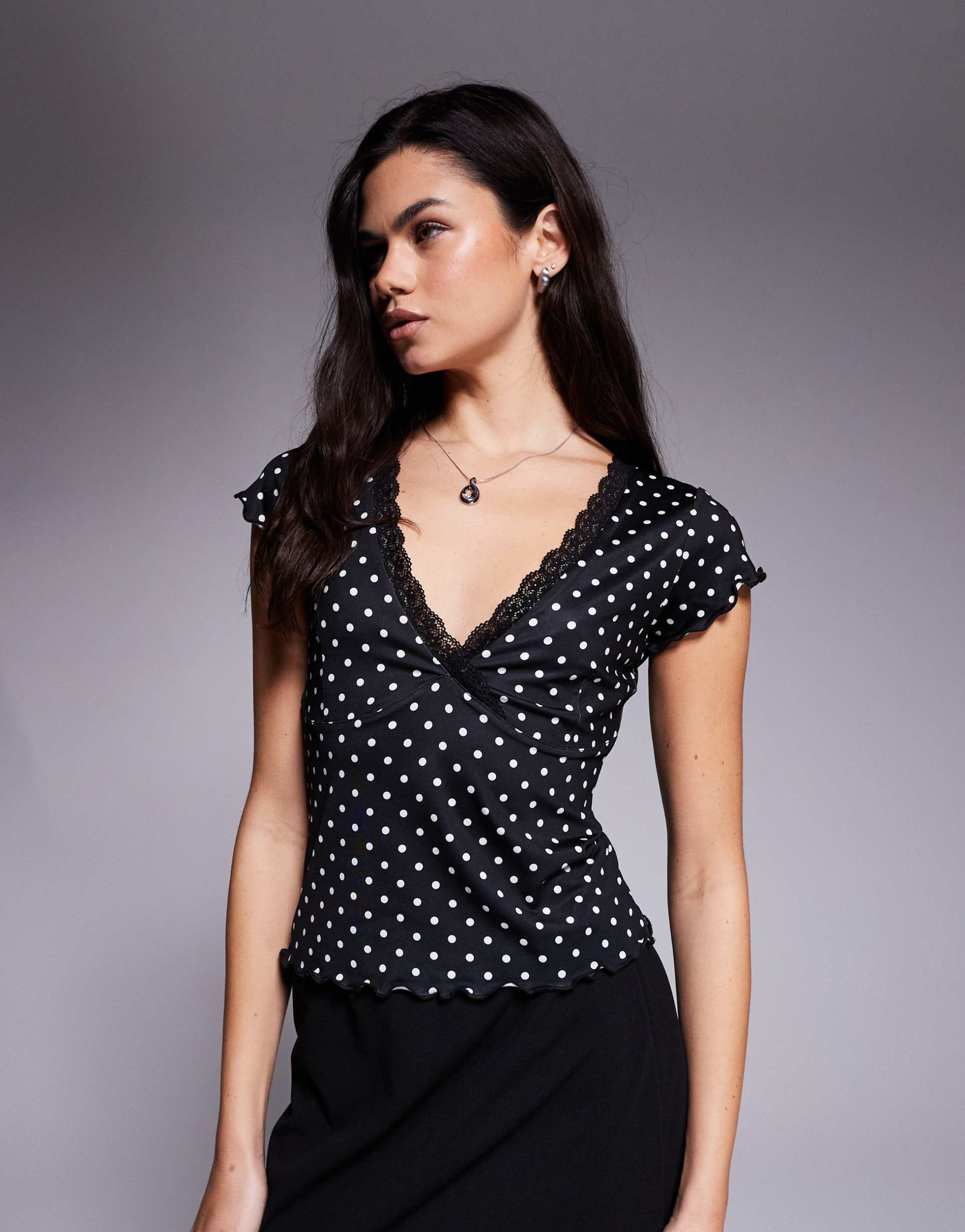 asos design slinky polka dot lace trim v-neck top in black and white