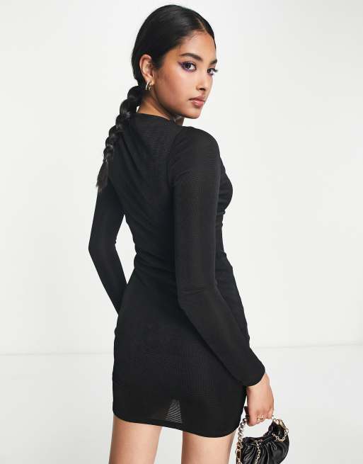 ASOS DESIGN slinky rib long sleeve mini dress with twist front in black, 2 of 4