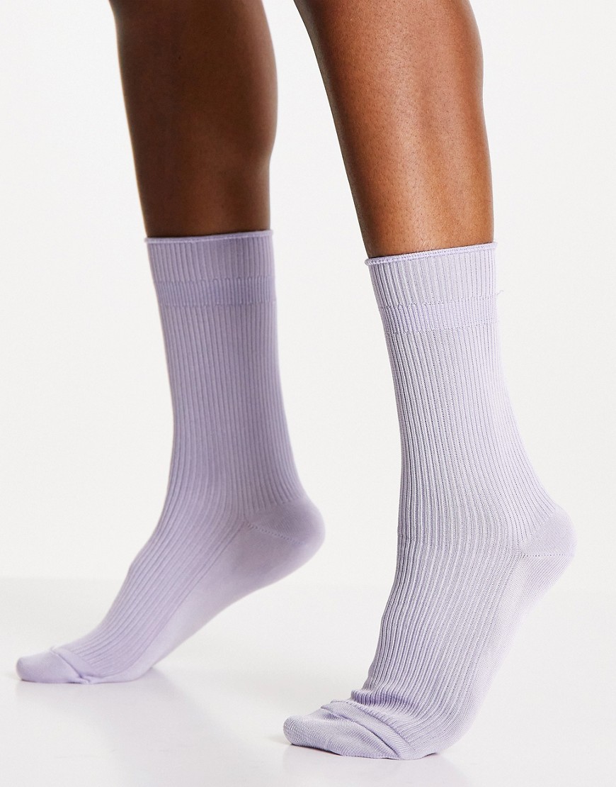 ASOS DESIGN slinky roll top calf length socks in lilac-Purple