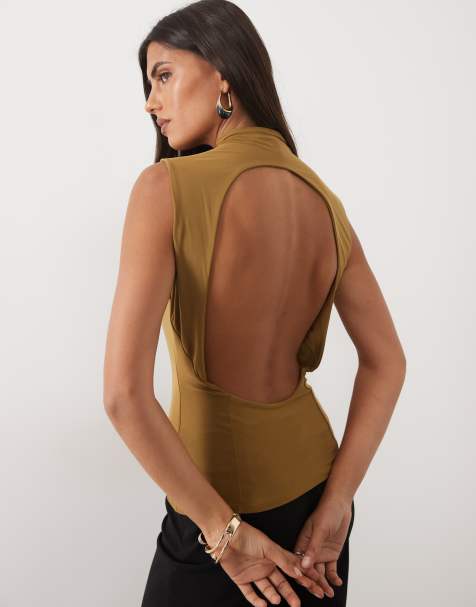 ASOS DESIGN slinky round neck open back top in olive - view 1