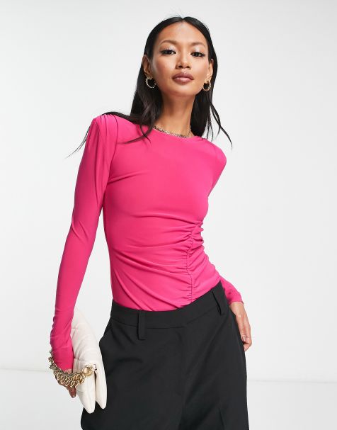 ASOS DESIGN slinky ruched bodysuit in magenta - view 1