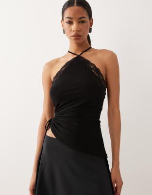 ASOS DESIGN slinky ruched cut out halter with lace trim in black