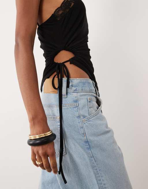 ASOS DESIGN slinky ruched cut out halter with lace trim in black, 3 of 4