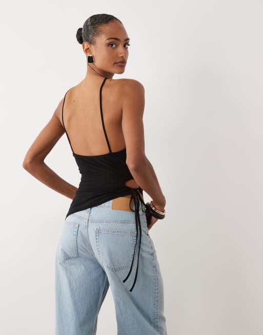 ASOS DESIGN slinky ruched cut out halter with lace trim in black, 4 of 4