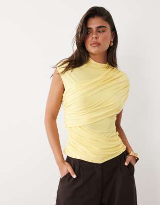 Asos Design Slinky Ruched Drape Detail Top In Yellow