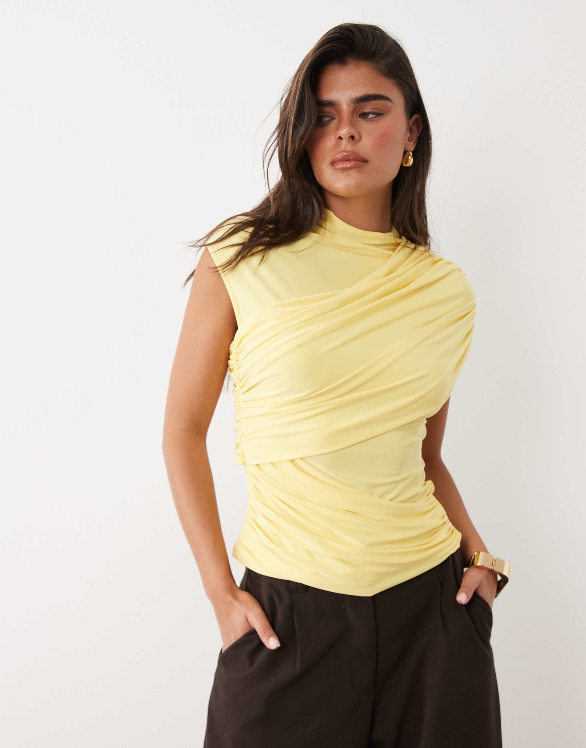 asos design slinky ruched drape detail top in lemon