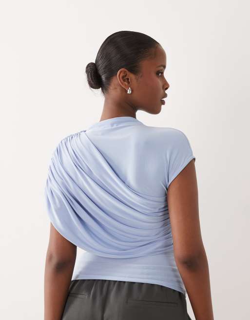 ASOS DESIGN slinky ruched drape detail top in pastel blue, 4 of 4