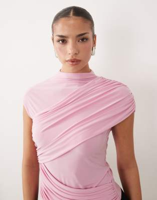 ASOS DESIGN slinky ruched drape detail top in pastel pink