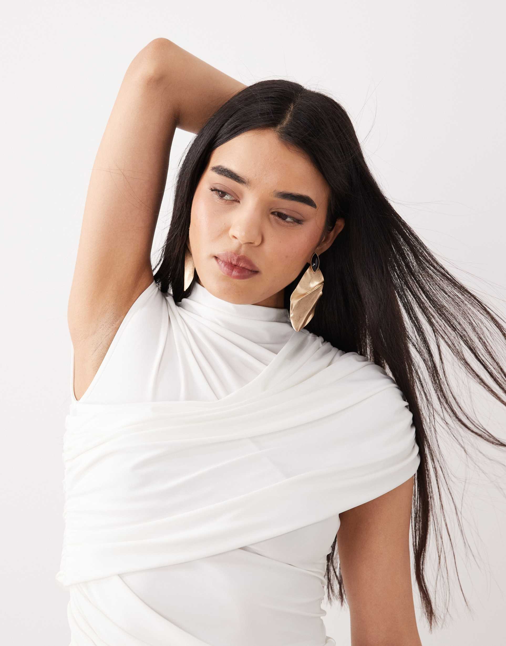 asos design slinky ruched draped detail top in cream