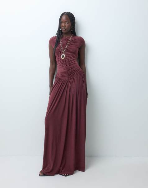 ASOS DESIGN slinky ruched front full skirt maxi dress in fig - view 1