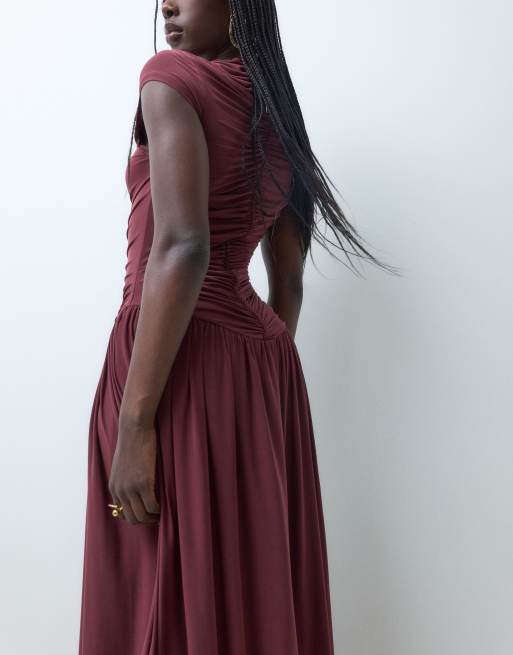 ASOS DESIGN slinky ruched front full skirt maxi dress in fig, 3 of 8