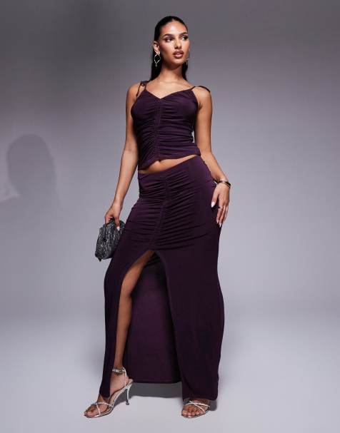 ASOS DESIGN slinky ruched front maxi skirt with front split in blackcurrant - part of a set - view 1